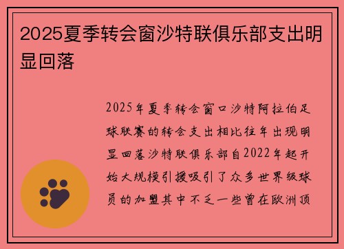 2025夏季转会窗沙特联俱乐部支出明显回落